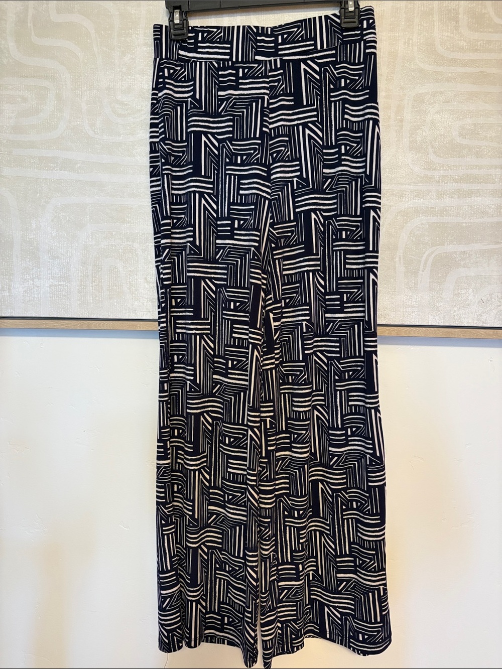 JM Collection Navy and White Geometric Flared Stretch Pants S